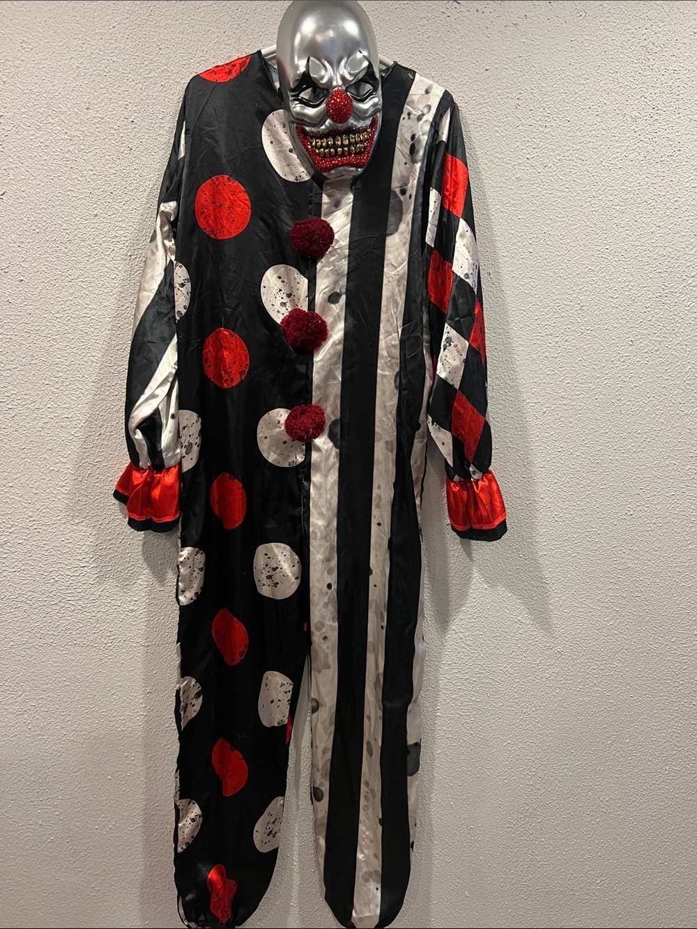 Scary Clown Jumpsuit Costume in Black, White & Red